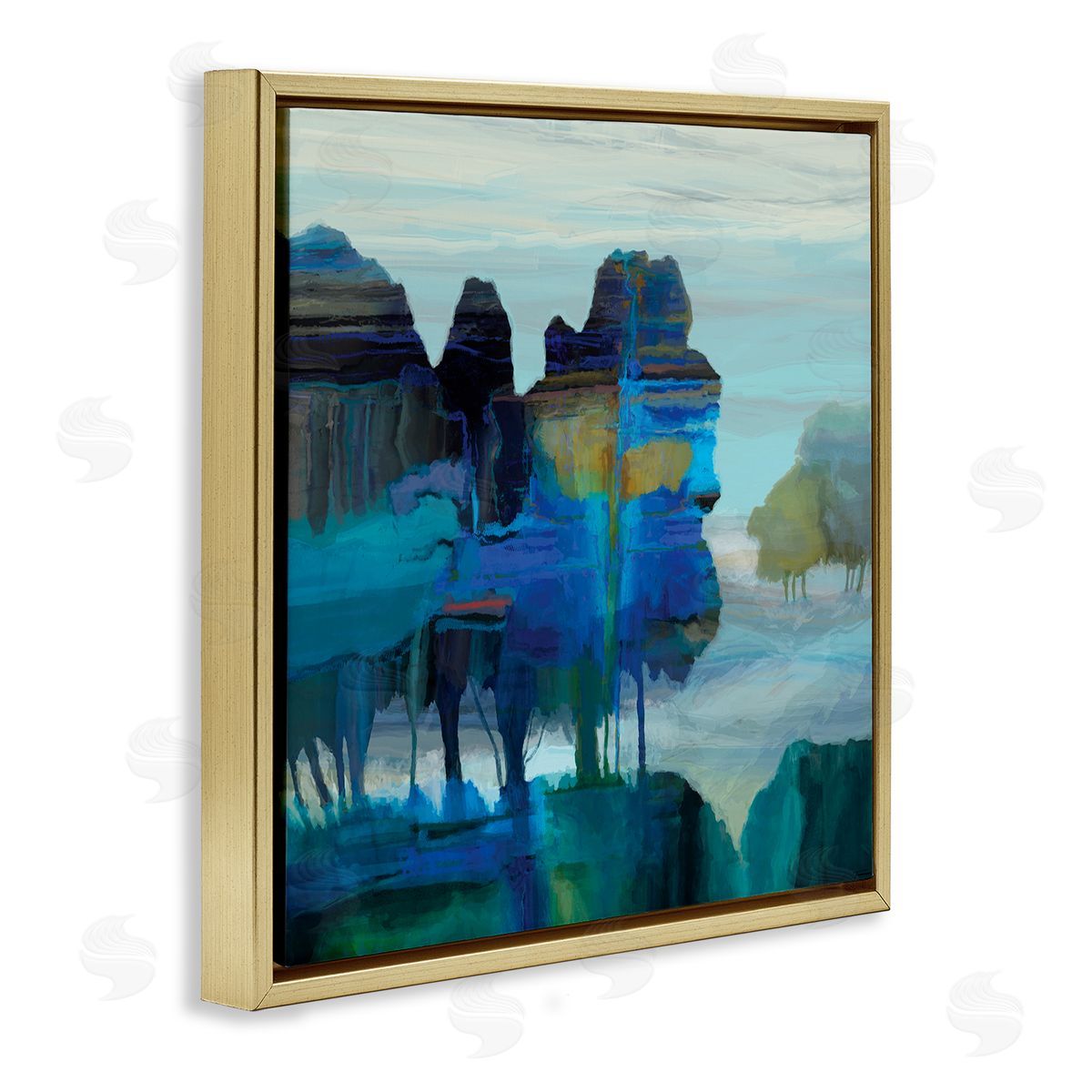 Michael Tienhaara Abstract Eerie Forest Landscape Blue Brown Trees Gold Floating Frame Canvas Wall Art Print