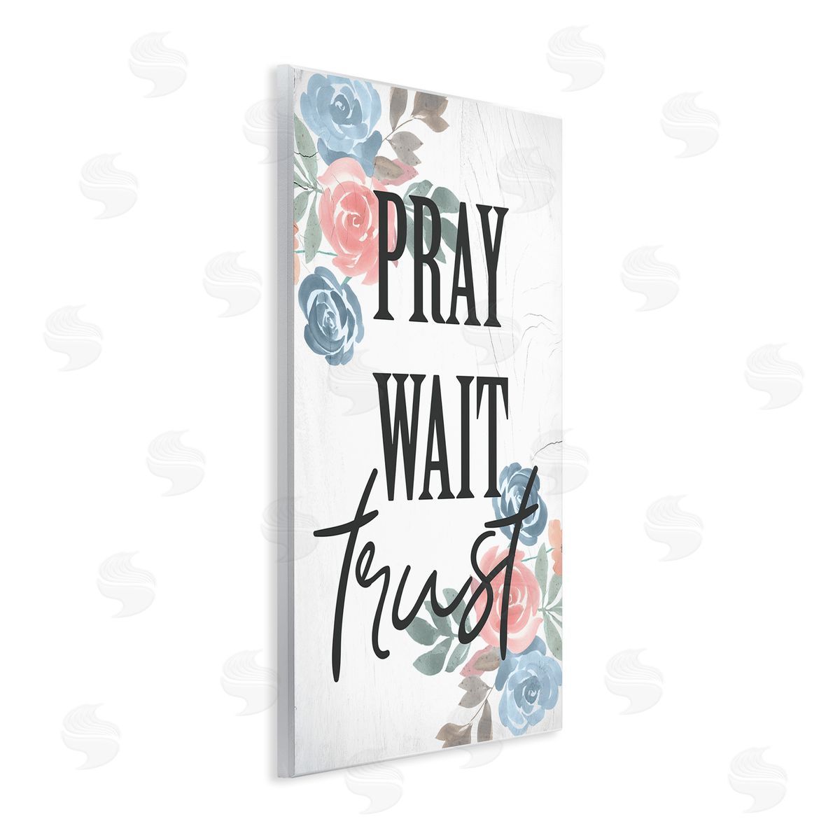 Stupell Studio Pray Wait Trust Phrase Blue Pink Roses