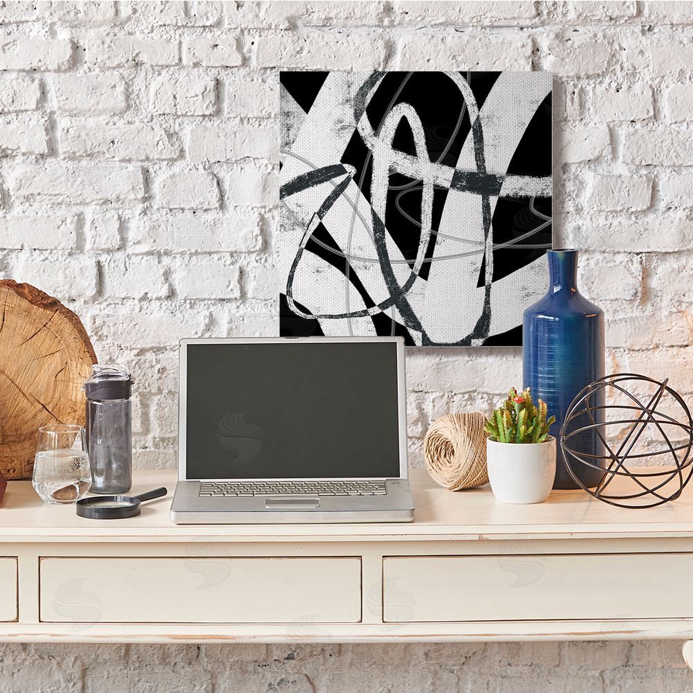 Lisa Ridgers Black and White Abstract Moving Paint Brush Strokes Canvas Wall Art in Room