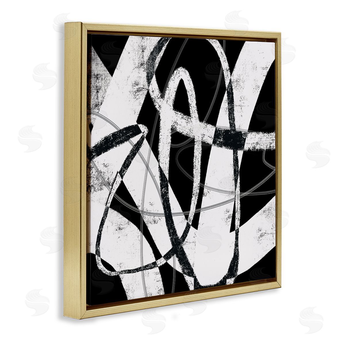 Lisa Ridgers Black and White Abstract Moving Paint Brush Strokes Gold Floating Frame Canvas Wall Art Print