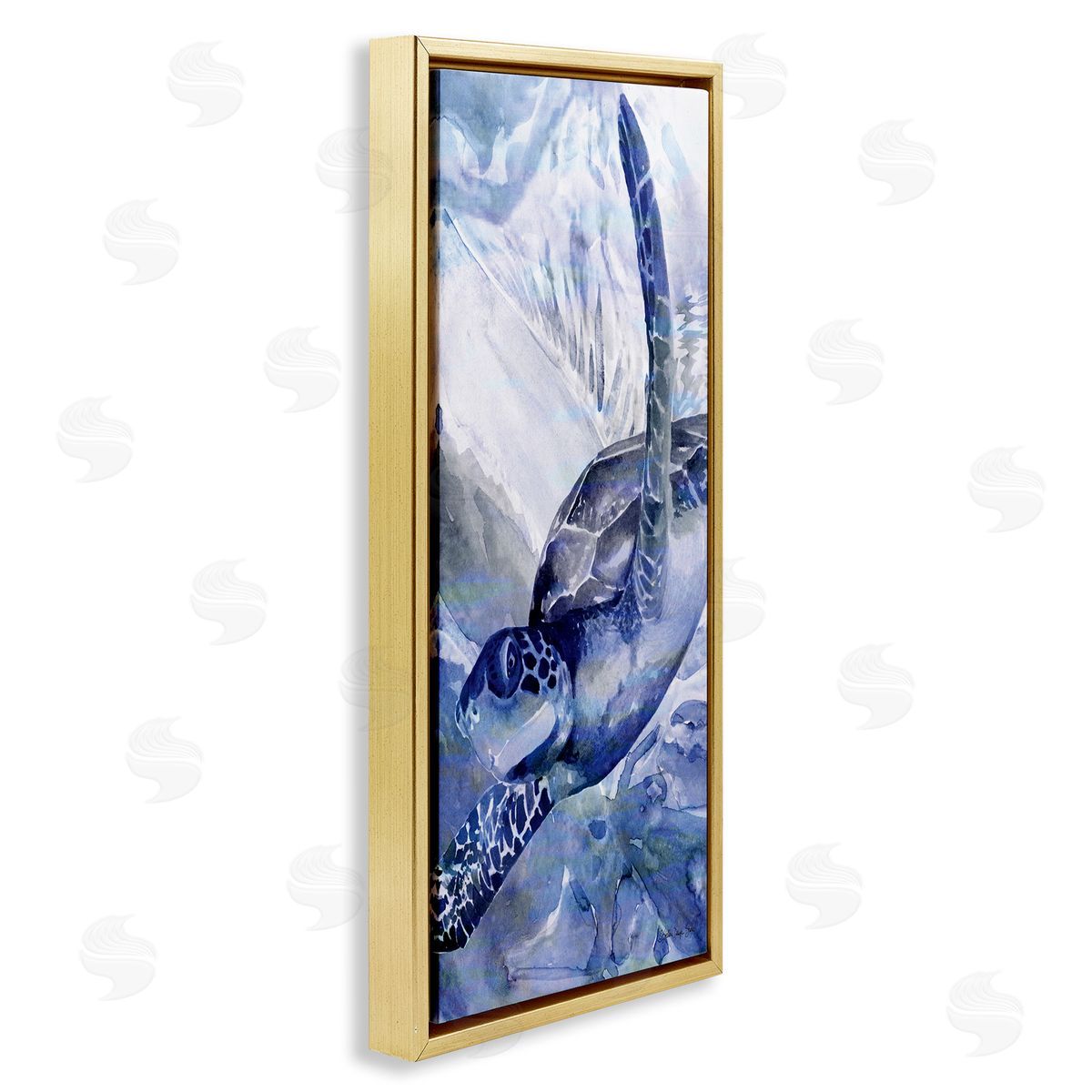 Sea Turtle Swimming In Ocean Gold Floating Frame Canvas Wall Art, Home Decor by Stellar Design Studio