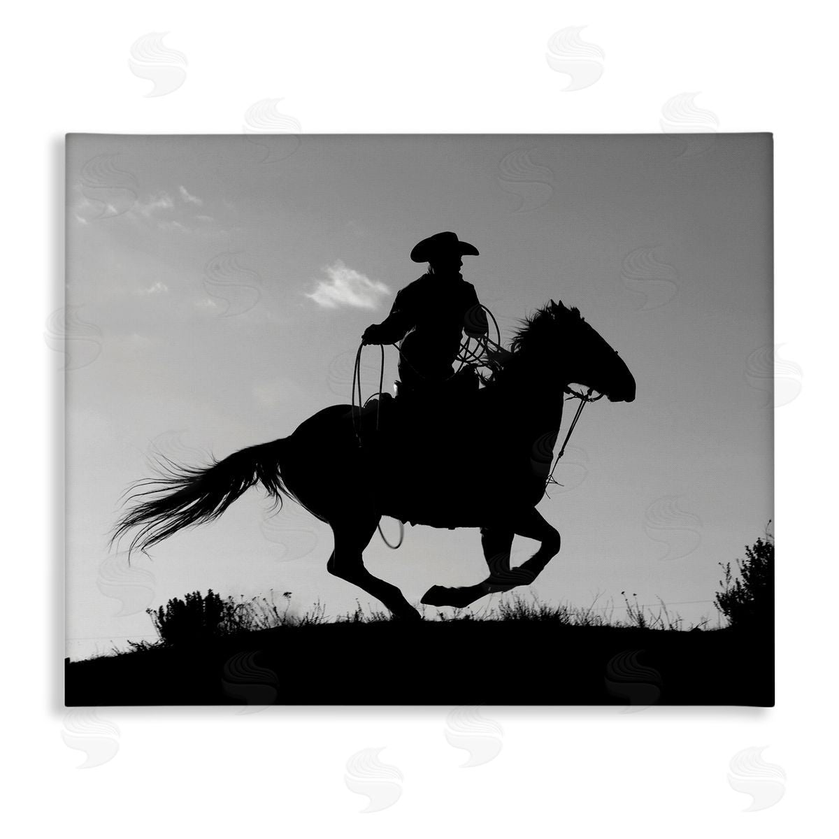 Carol Walker Southwestern Cowboy Silhouette Black White Horse