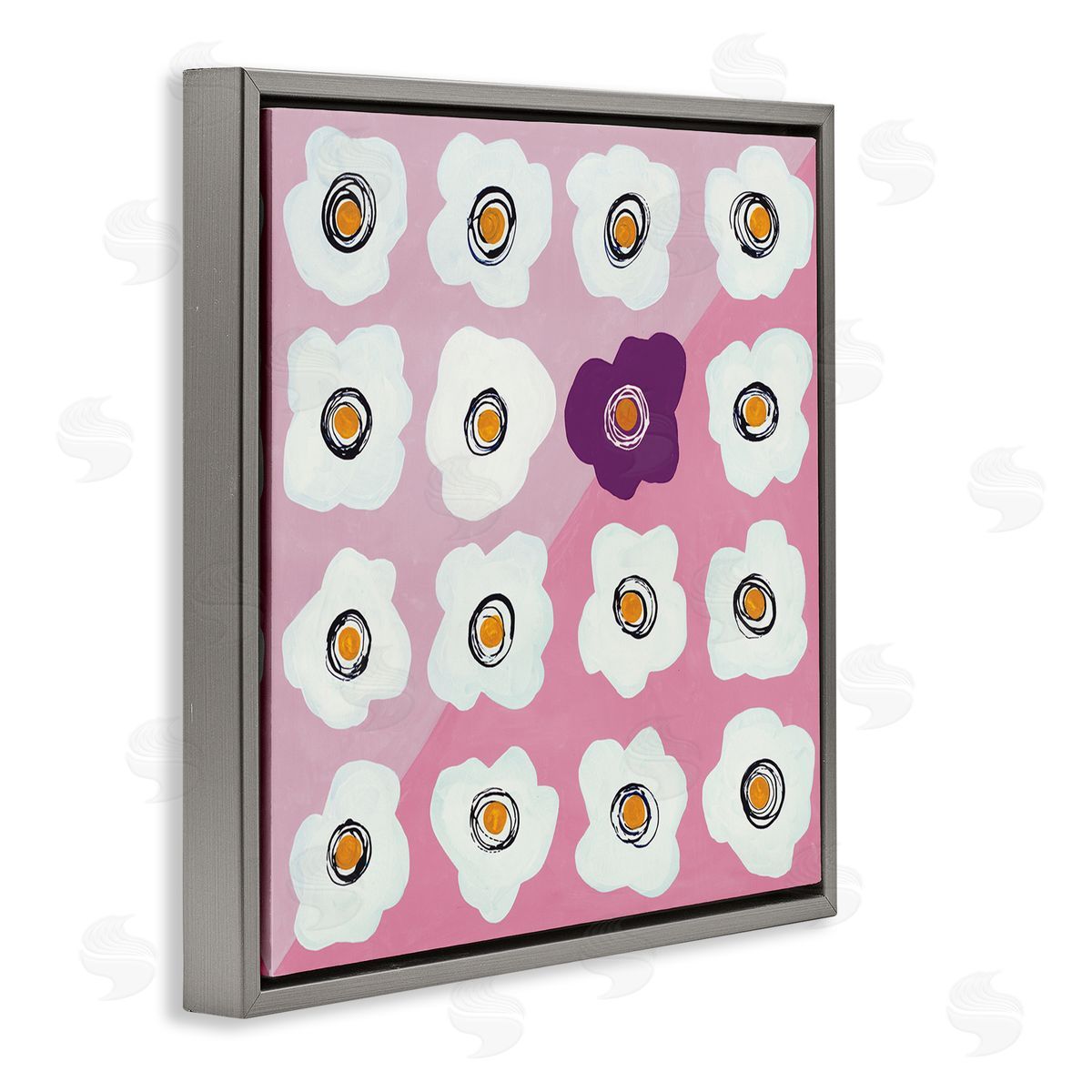 Ruth Fromstein White Flower Collage Purple Pop over Triangles Gray Floating Frame Canvas Wall Art Print
