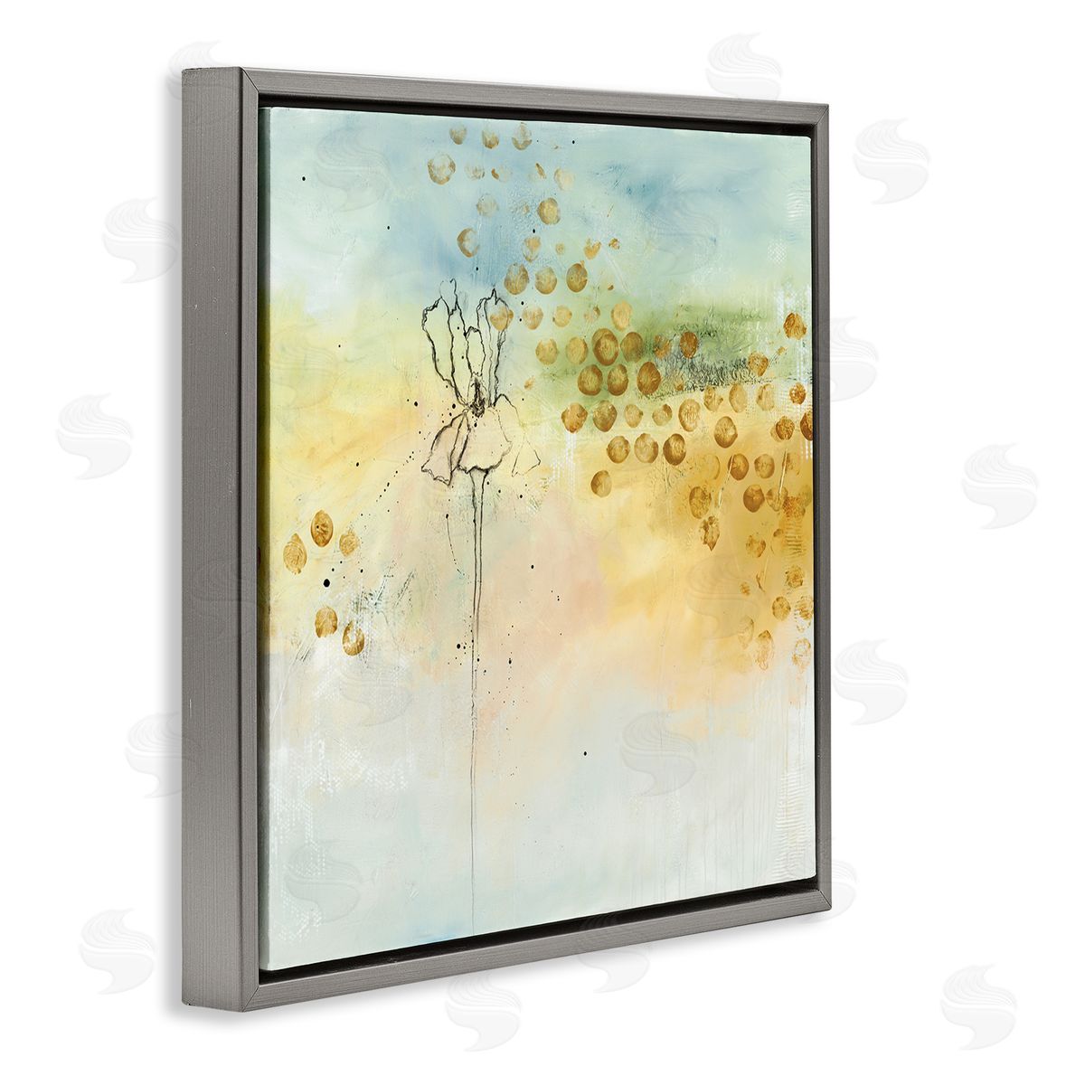 Ruth Fromstein Abstract Iris Floral Linework Watercolor Ombre Gray Floating Frame Canvas Wall Art Print
