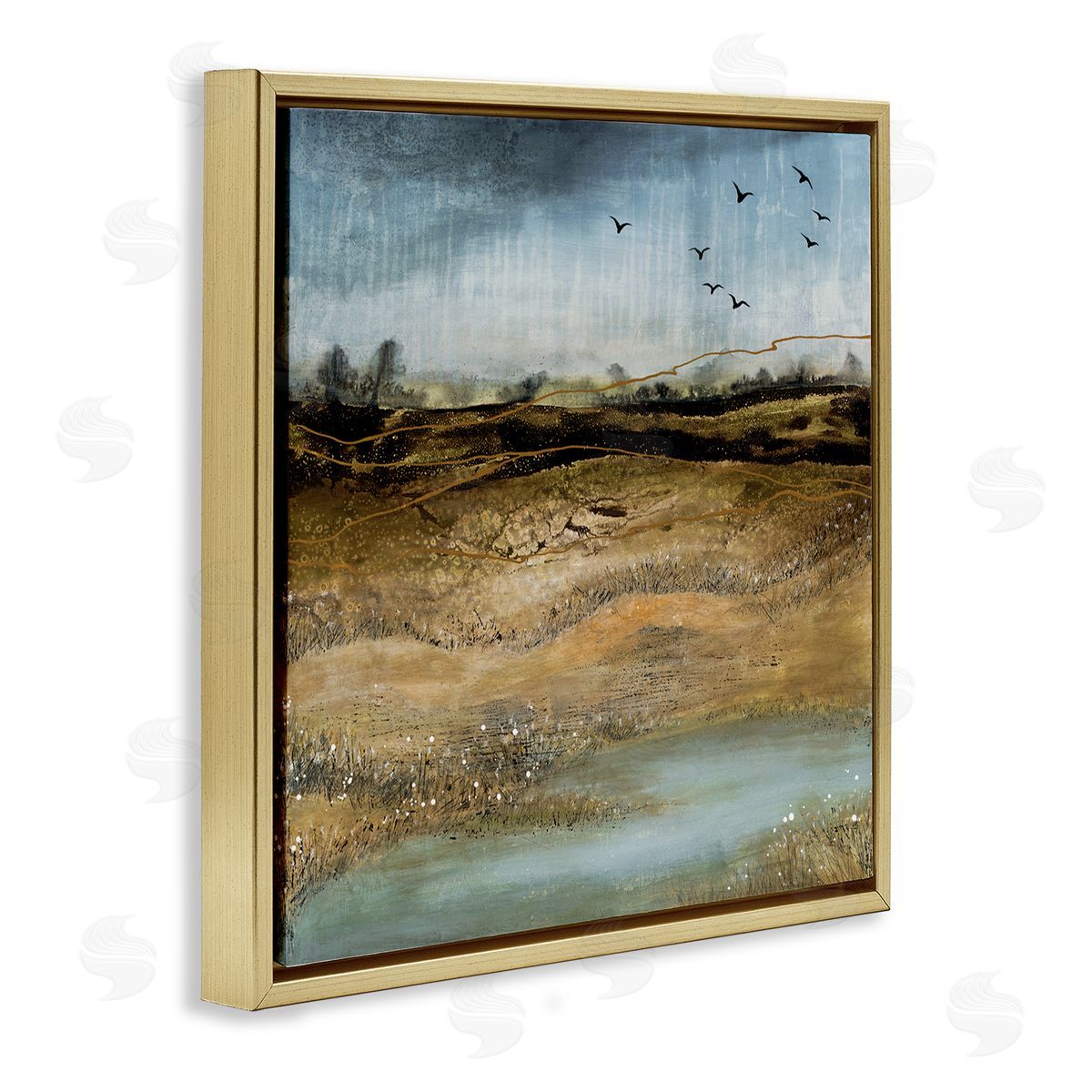 Ruth Fromstein Rustic Landscape Abstraction Birds at Flight Gold Floating Frame Canvas Wall Art Print