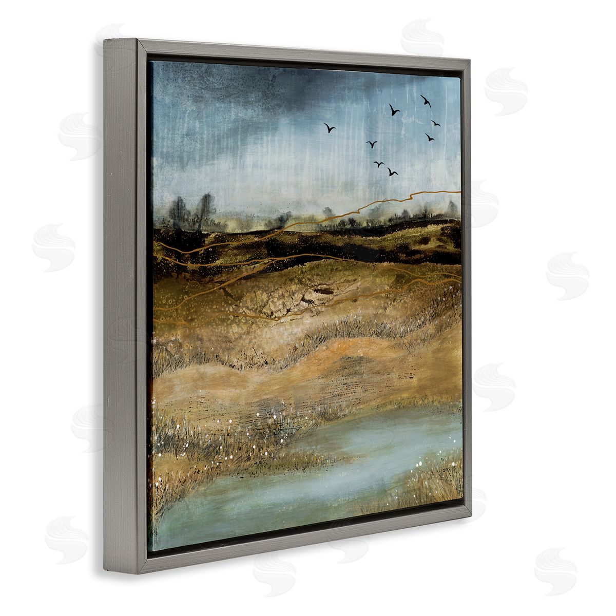 Ruth Fromstein Rustic Landscape Abstraction Birds at Flight Gray Floating Frame Canvas Wall Art Print