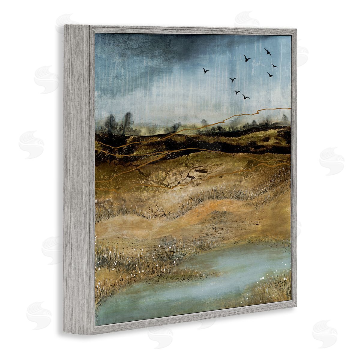Ruth Fromstein Rustic Landscape Abstraction Birds at Flight Gray Framed Glicee Wall Art Print