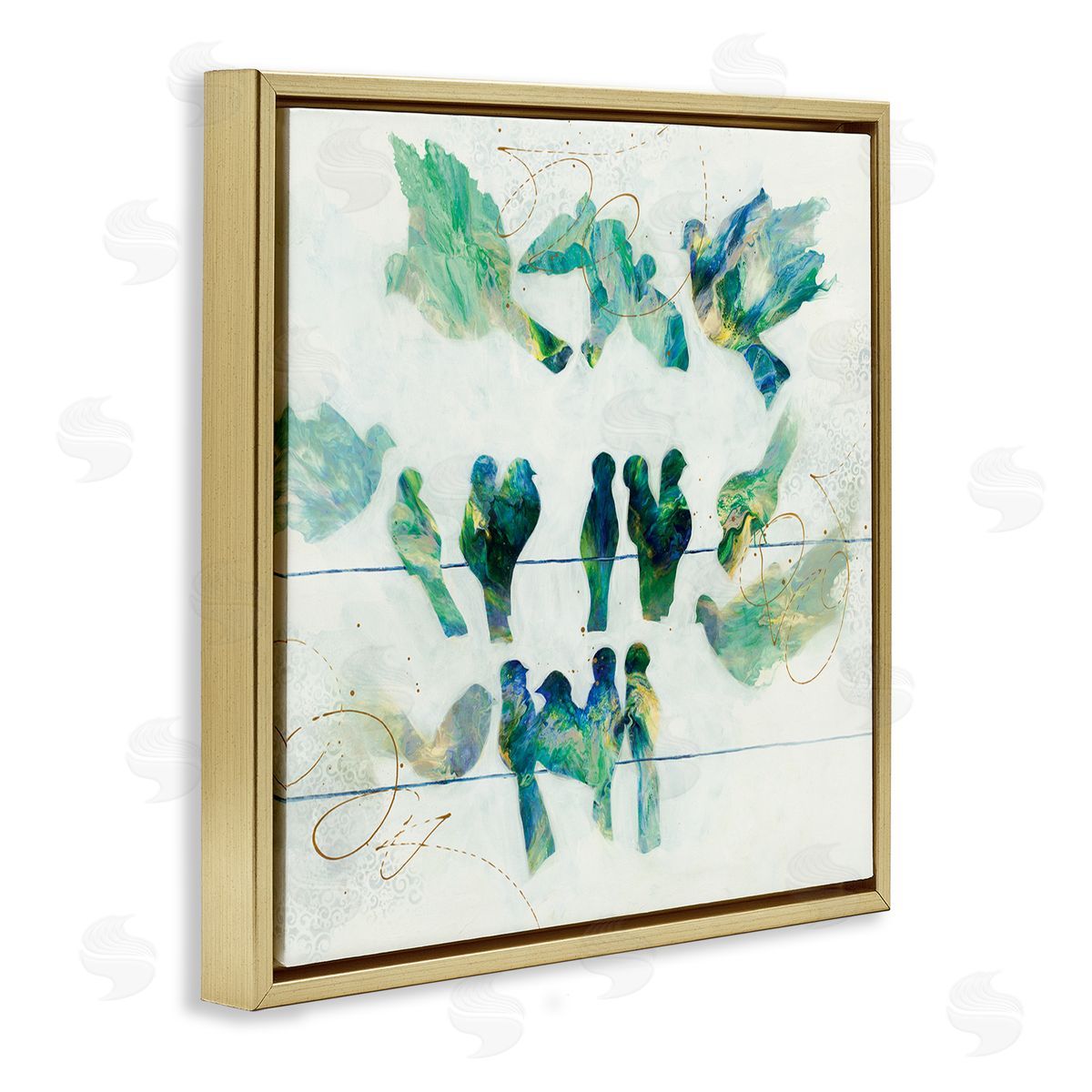 Ruth Fromstein Birds on Clothes Line Swirling Blue Green Pattern Gold Floating Frame Canvas Wall Art Print