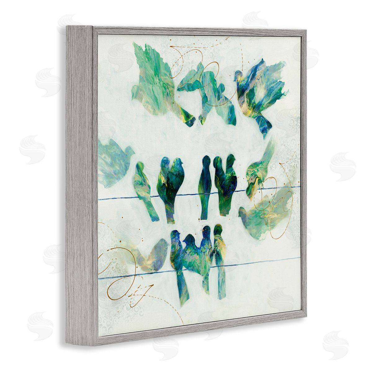 Ruth Fromstein Birds on Clothes Line Swirling Blue Green Pattern Gray Framed Glicee Wall Art Print