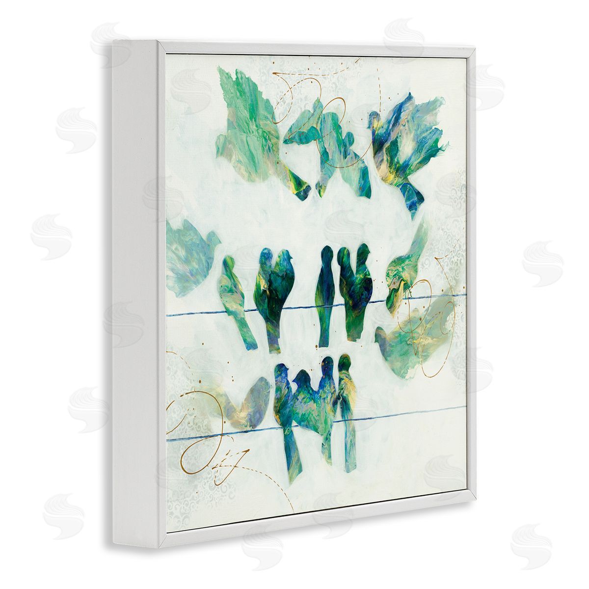 Ruth Fromstein Birds on Clothes Line Swirling Blue Green Pattern White Framed Glicee Wall Art Print