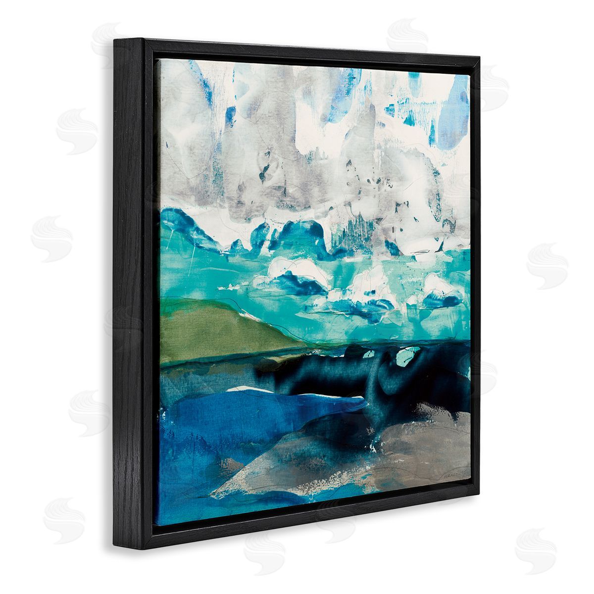 Jeff Iorillo Coastal Landscape Abstraction Flowing Blue Ocean Sky Black Floating Frame Canvas Wall Art Print