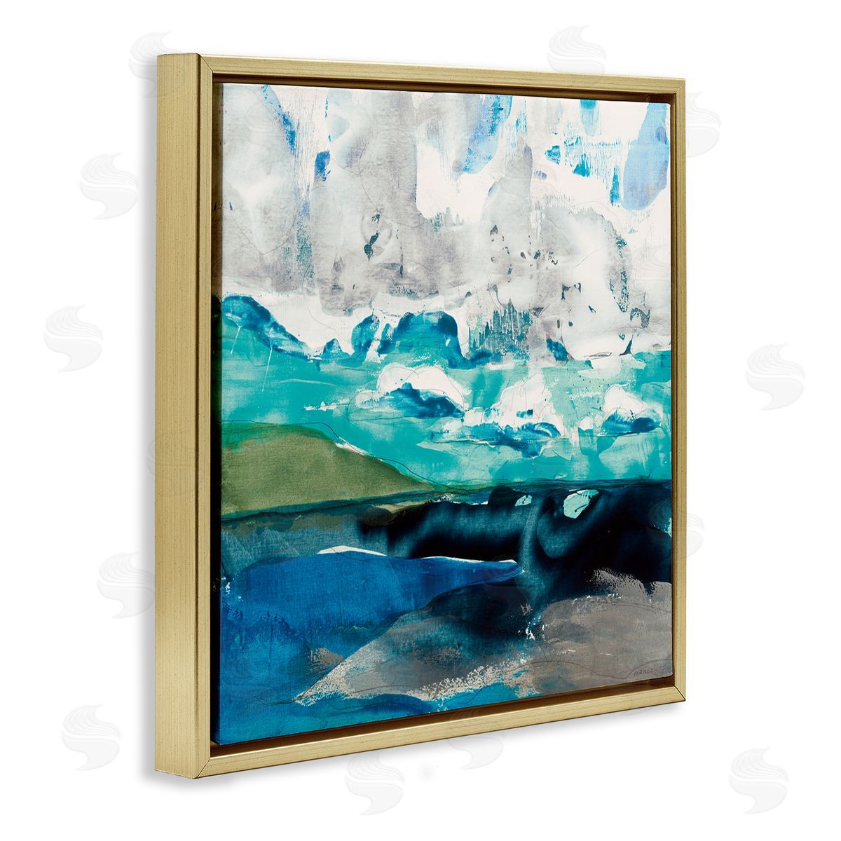 Jeff Iorillo Coastal Landscape Abstraction Flowing Blue Ocean Sky Gold Floating Frame Canvas Wall Art Print