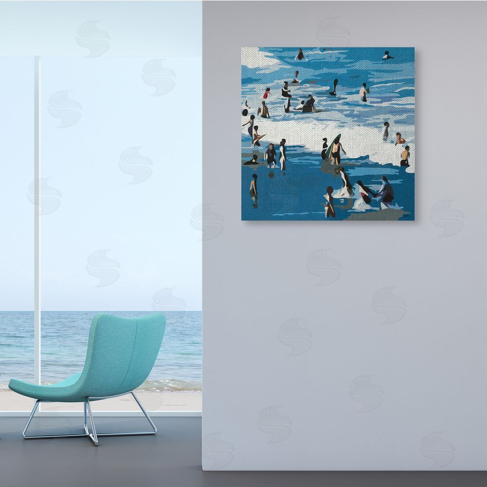 Beth Ann Lawson People Enjoying Beach Blue Coastal Waves Crashing Canvas Wall Art in Room