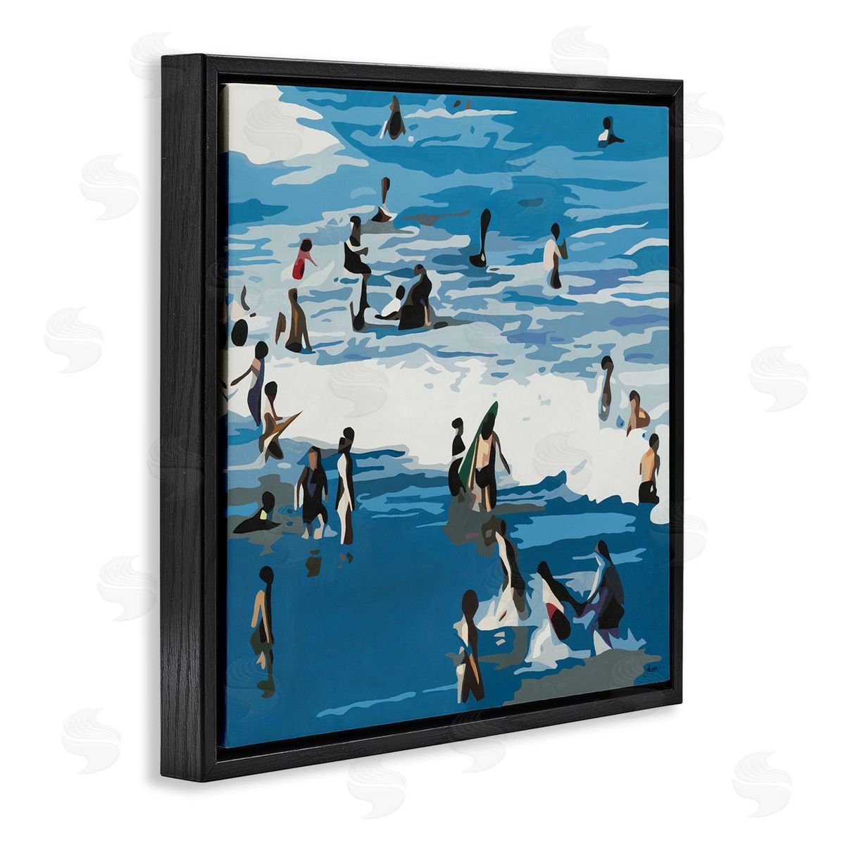 Beth Ann Lawson People Enjoying Beach Blue Coastal Waves Crashing Black Floating Frame Canvas Wall Art Print