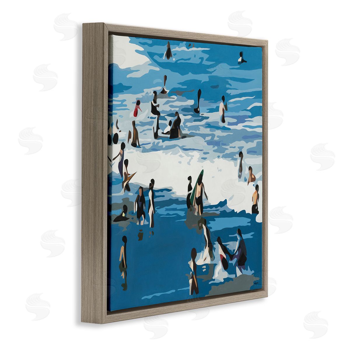 Beth Ann Lawson People Enjoying Beach Blue Coastal Waves Crashing Brown Floating Frame Canvas Wall Art Print