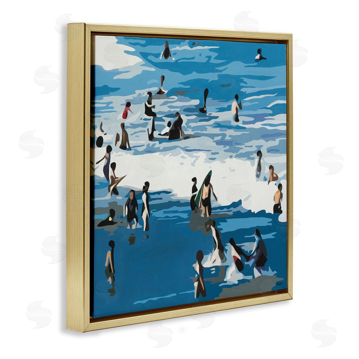 Beth Ann Lawson People Enjoying Beach Blue Coastal Waves Crashing Gold Floating Frame Canvas Wall Art Print