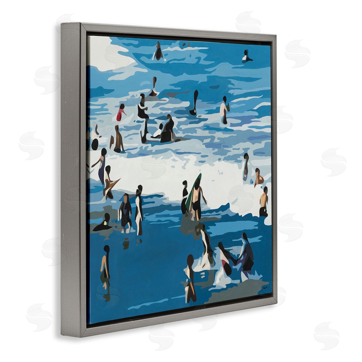 Beth Ann Lawson People Enjoying Beach Blue Coastal Waves Crashing Gray Floating Frame Canvas Wall Art Print