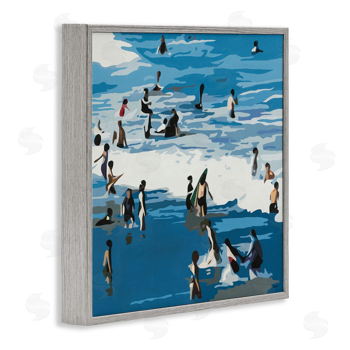 Beth Ann Lawson People Enjoying Beach Blue Coastal Waves Crashing Gray Framed Glicee Wall Art Print