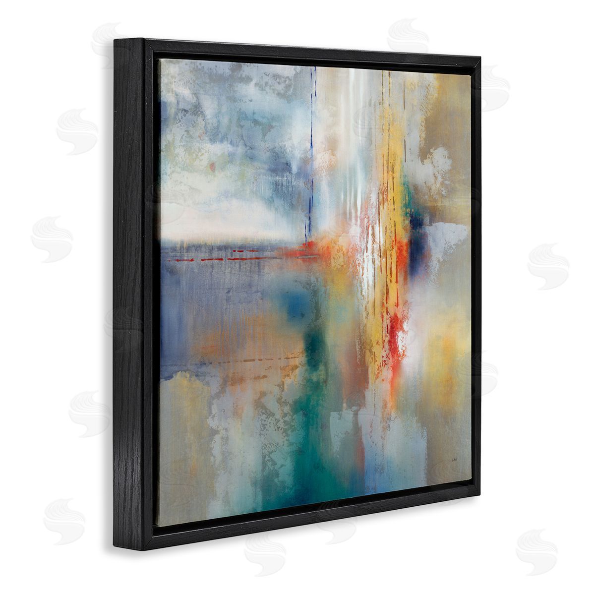 K. Nari Messy Paint Abstraction Blue Grey Brush Strokes Black Floating Frame Canvas Wall Art Print