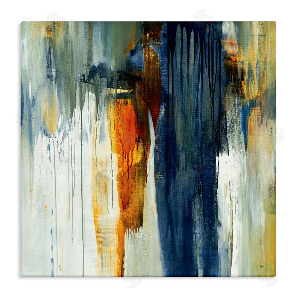 Lisa Ridgers Cascading Blue Green Orange Paint Abstraction Stretched Canvas Wall Art Print