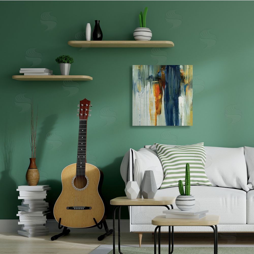 Lisa Ridgers Cascading Blue Green Orange Paint Abstraction Canvas Wall Art in Room
