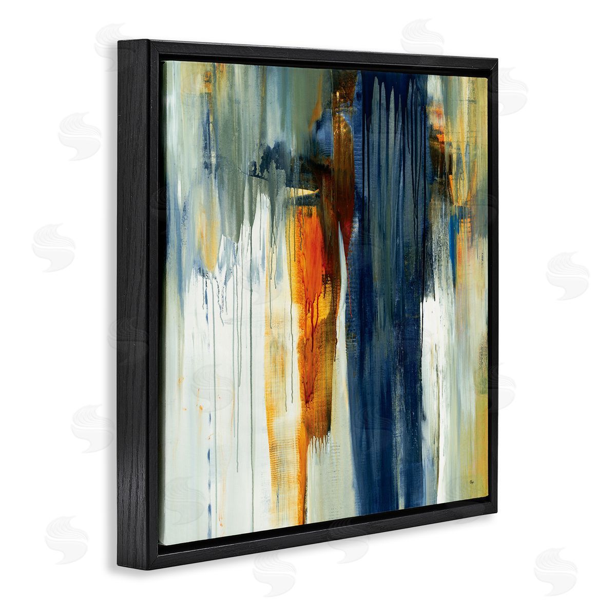 Lisa Ridgers Cascading Blue Green Orange Paint Abstraction Black Floating Frame Canvas Wall Art Print