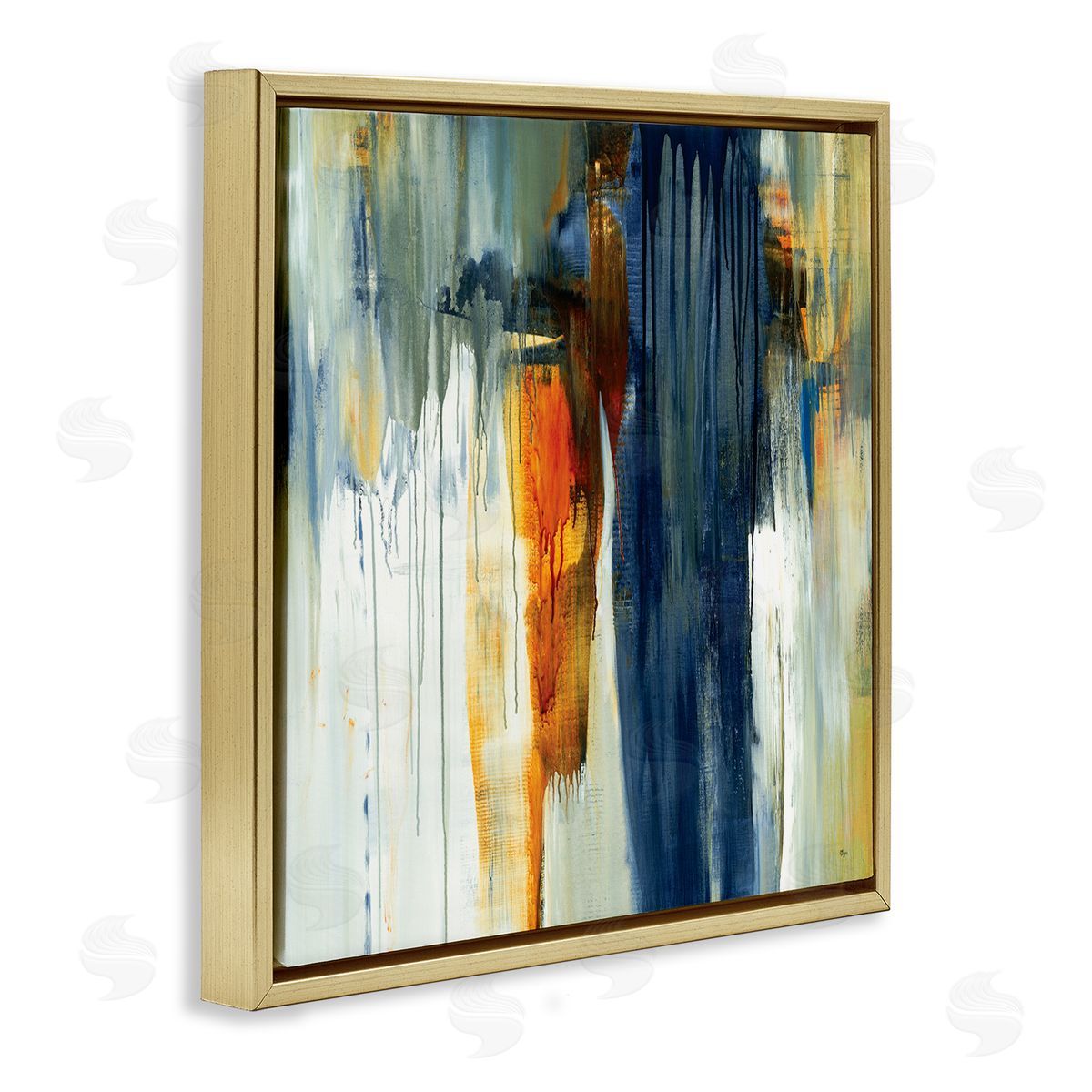 Lisa Ridgers Cascading Blue Green Orange Paint Abstraction Gold Floating Frame Canvas Wall Art Print