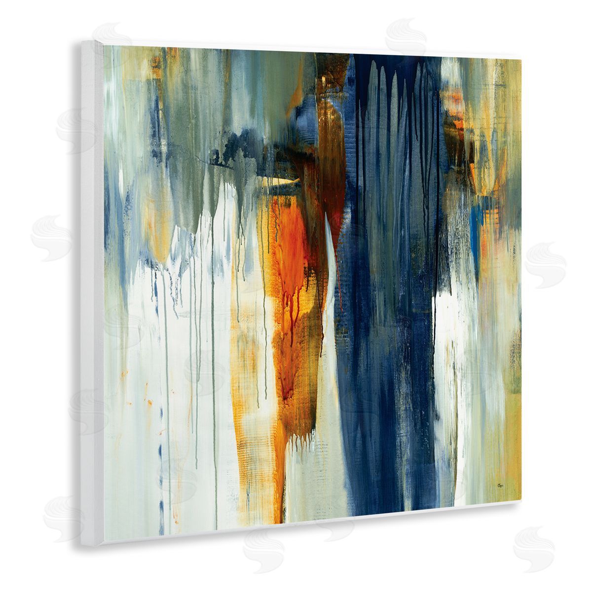 Lisa Ridgers Cascading Blue Green Orange Paint Abstraction Wooden Wall Plaque Art Print