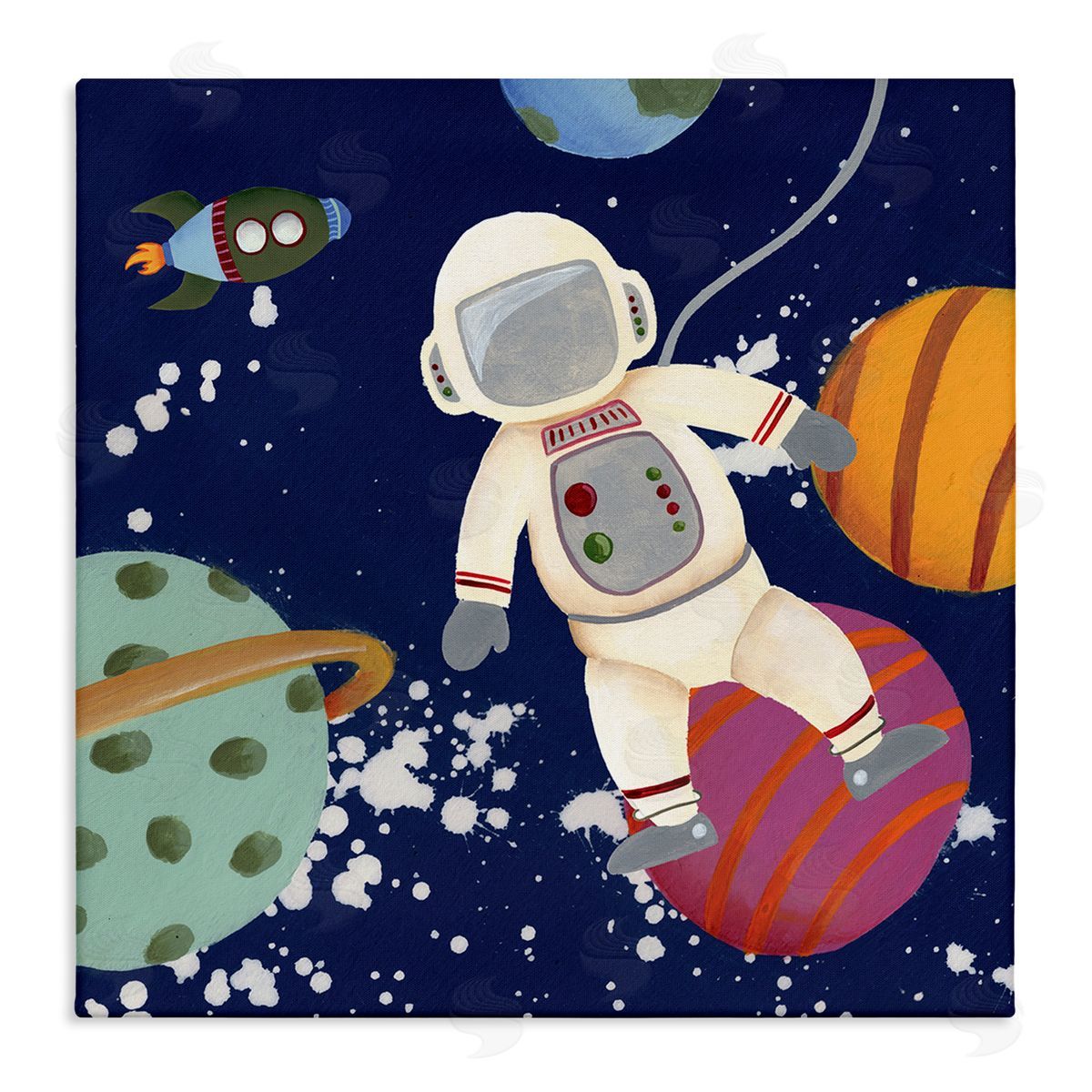 Regina Moore Playful Astronaut Floating In Space Planets Rocketship Stretched Canvas Wall Art Print