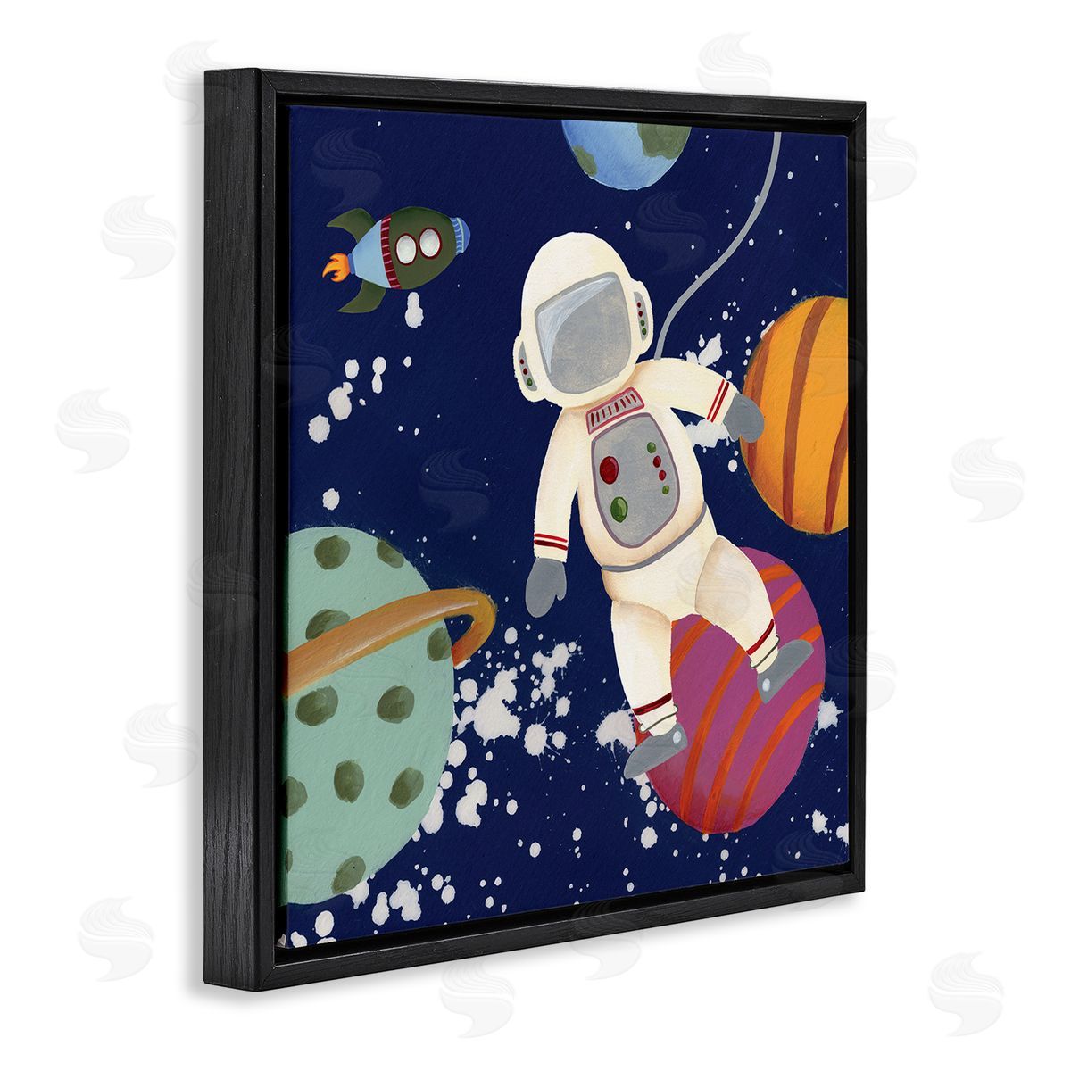 Regina Moore Playful Astronaut Floating In Space Planets Rocketship Black Floating Frame Canvas Wall Art Print