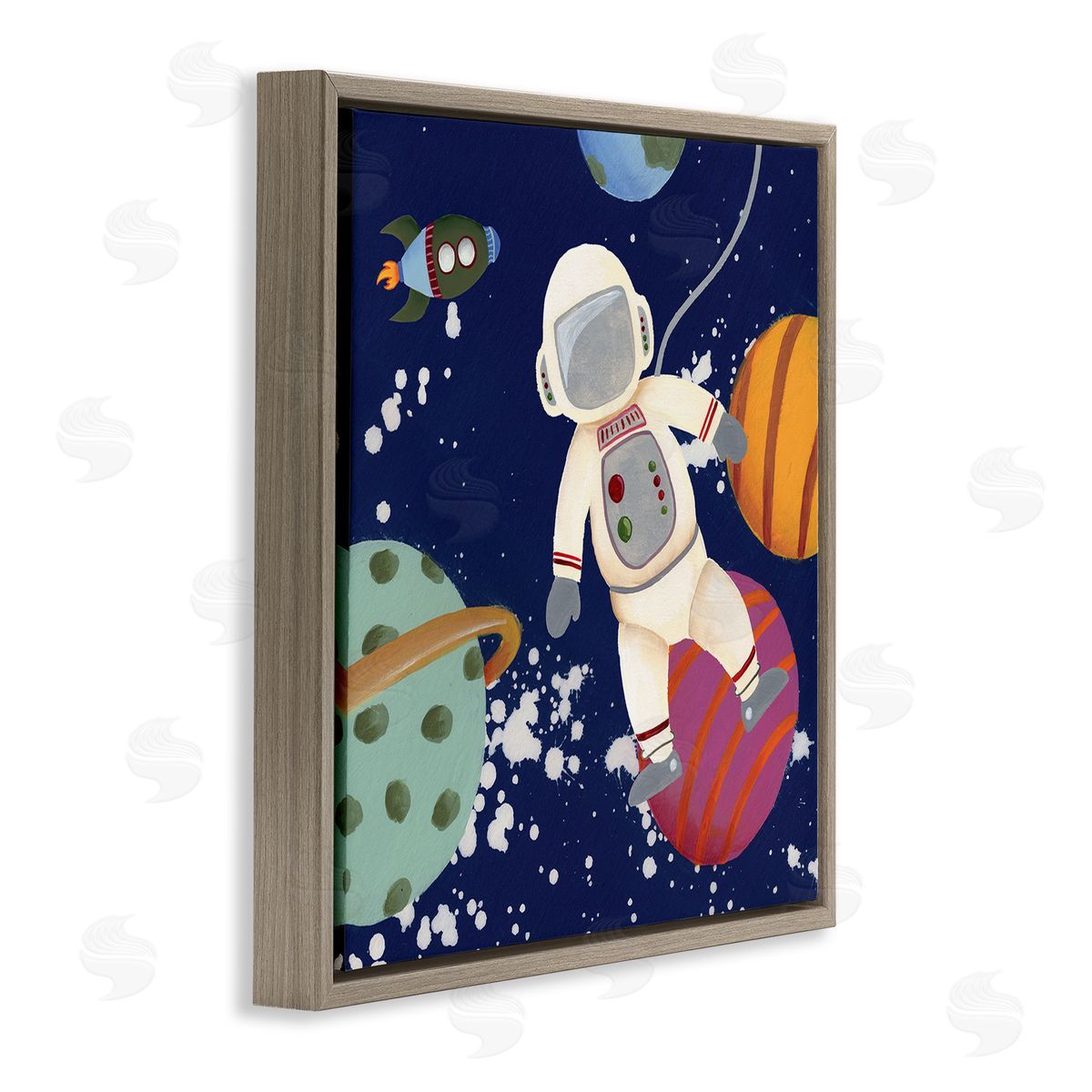 Regina Moore Playful Astronaut Floating In Space Planets Rocketship Brown Floating Frame Canvas Wall Art Print