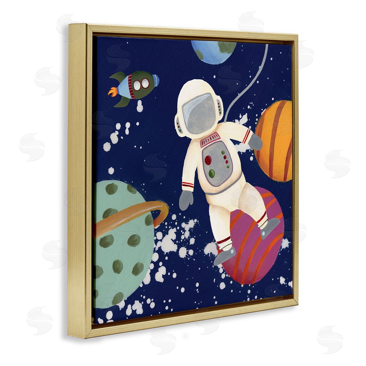 Regina Moore Playful Astronaut Floating In Space Planets Rocketship Gold Floating Frame Canvas Wall Art Print