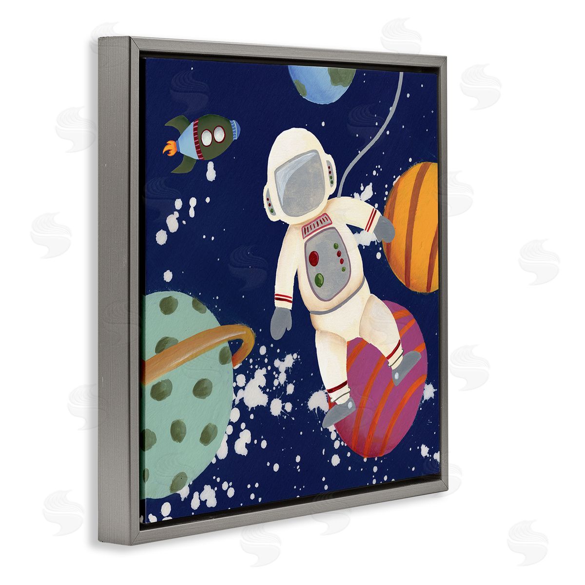 Regina Moore Playful Astronaut Floating In Space Planets Rocketship Gray Floating Frame Canvas Wall Art Print