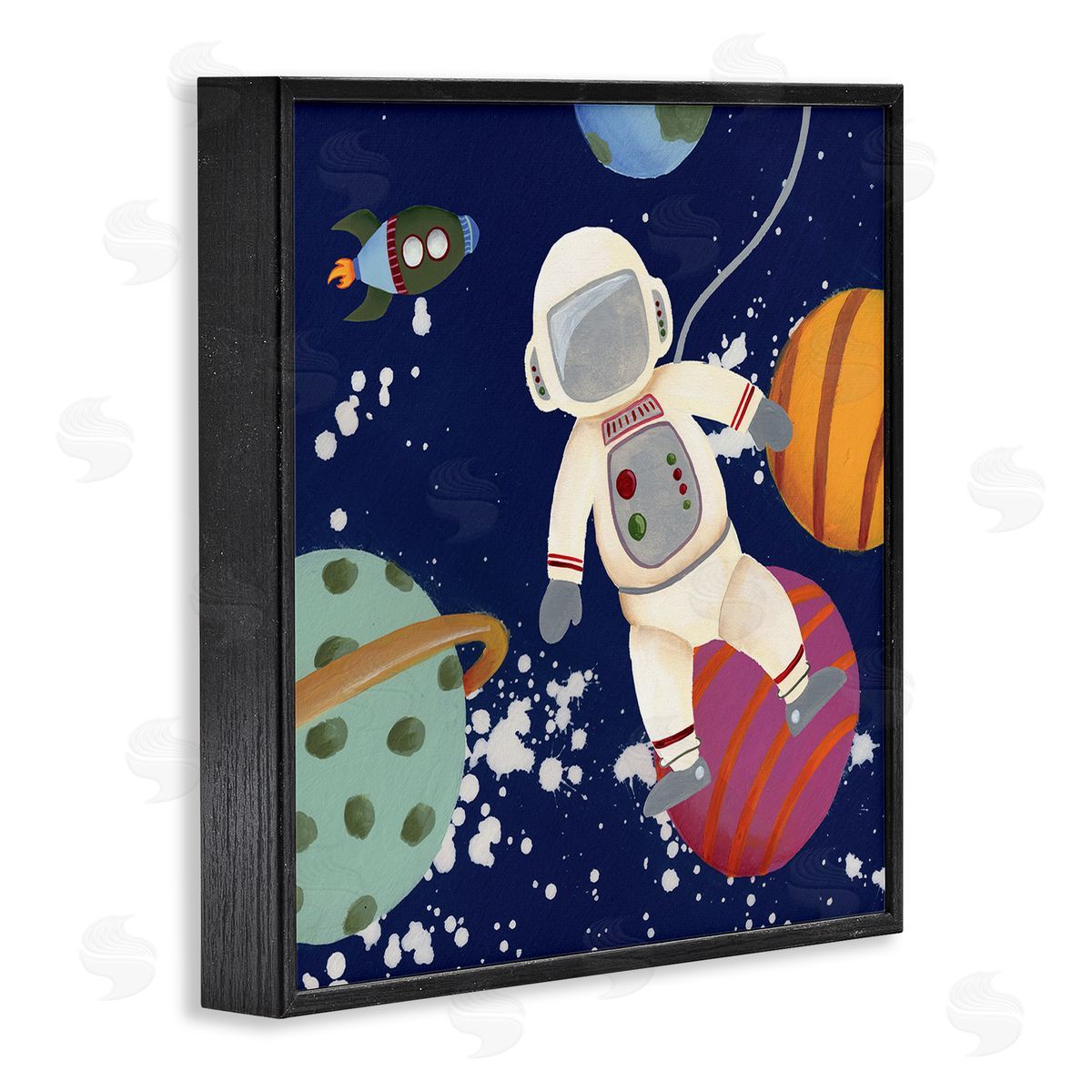 Regina Moore Playful Astronaut Floating In Space Planets Rocketship Black Framed Glicee Wall Art Print