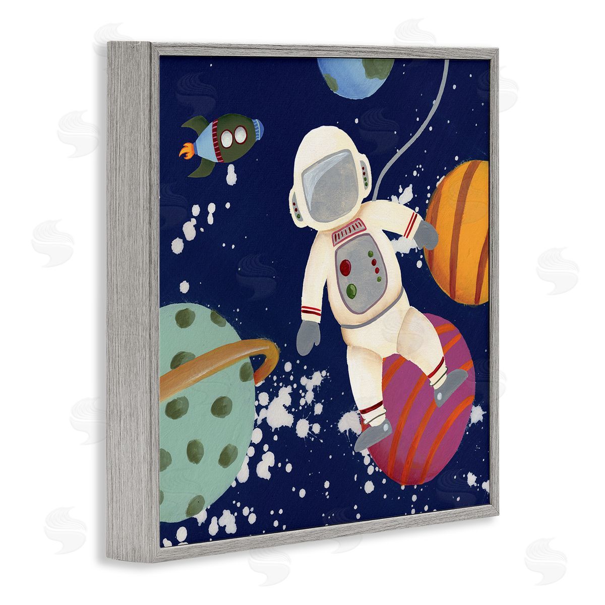 Regina Moore Playful Astronaut Floating In Space Planets Rocketship Gray Framed Glicee Wall Art Print