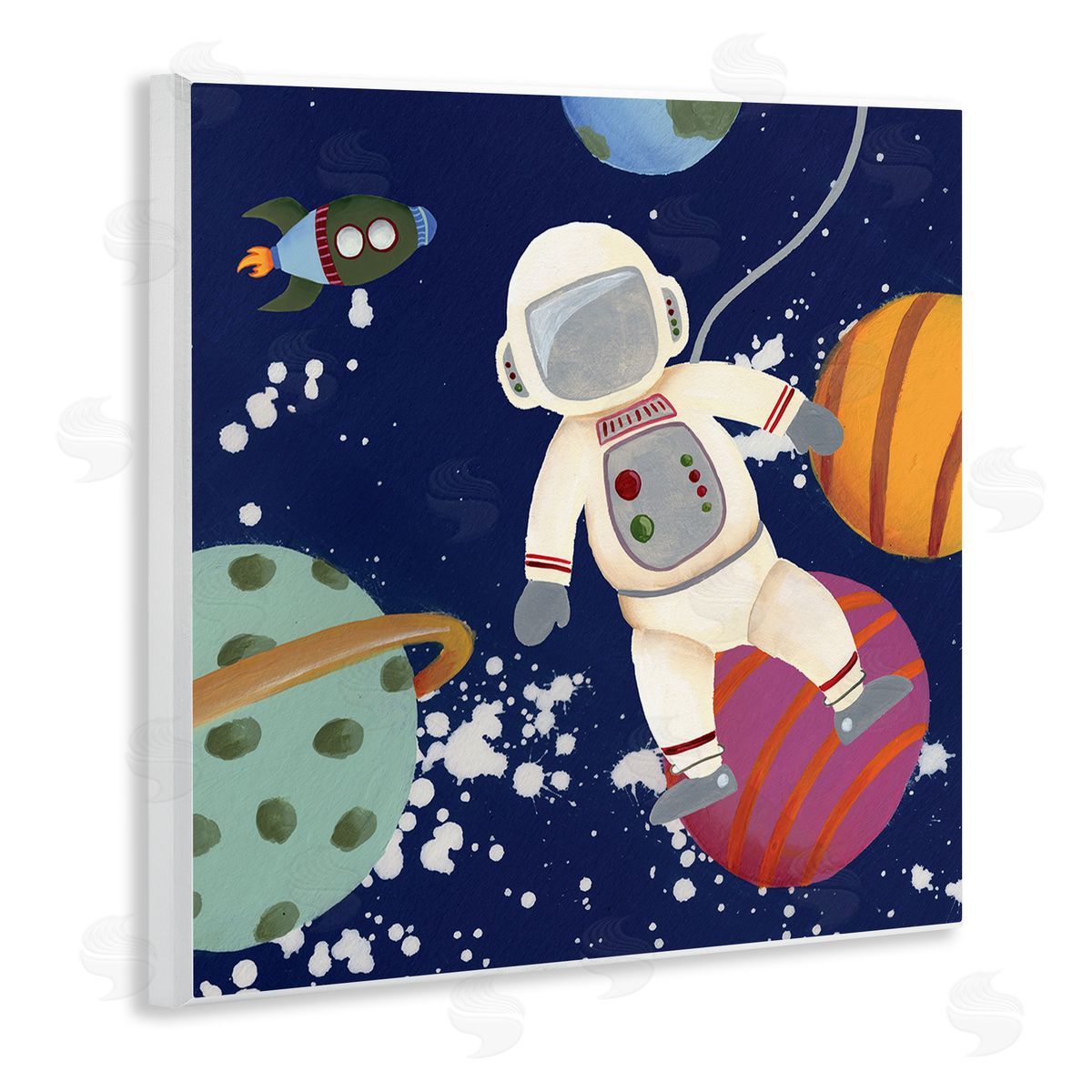 Regina Moore Playful Astronaut Floating In Space Planets Rocketship Wooden Wall Plaque Art Print
