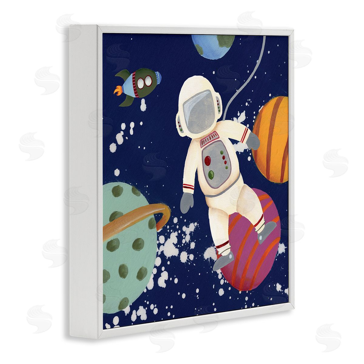 Regina Moore Playful Astronaut Floating In Space Planets Rocketship White Framed Glicee Wall Art Print