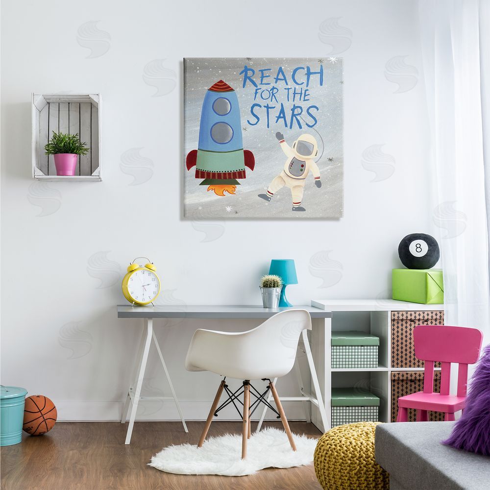 Regina Moore Reach For The Stars Quote Sci-Fi Space Rocket Astronaut Canvas Wall Art in Room