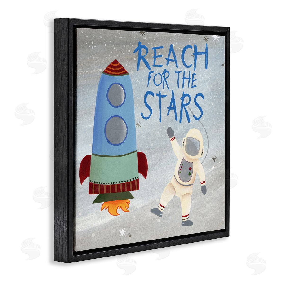 Regina Moore Reach For The Stars Quote Sci-Fi Space Rocket Astronaut Black Floating Frame Canvas Wall Art Print