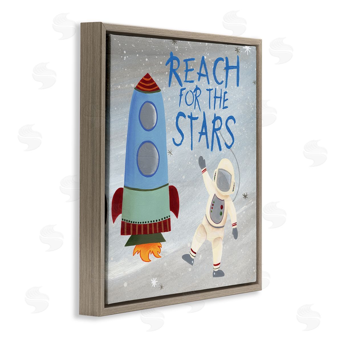 Regina Moore Reach For The Stars Quote Sci-Fi Space Rocket Astronaut Brown Floating Frame Canvas Wall Art Print