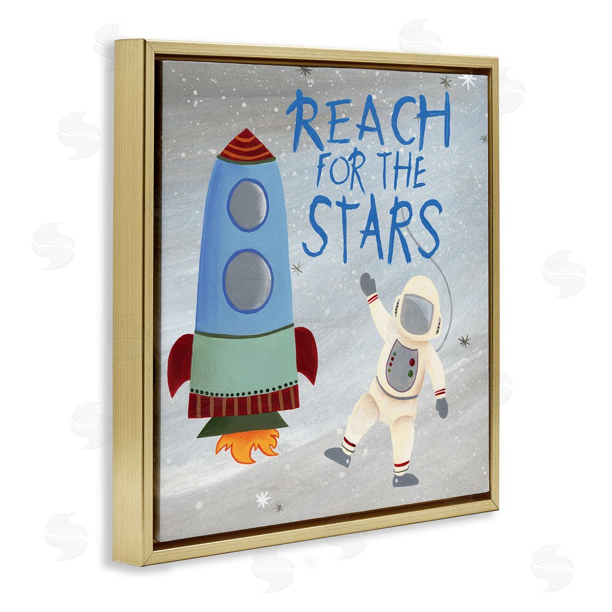Regina Moore Reach For The Stars Quote Sci-Fi Space Rocket Astronaut Gold Floating Frame Canvas Wall Art Print