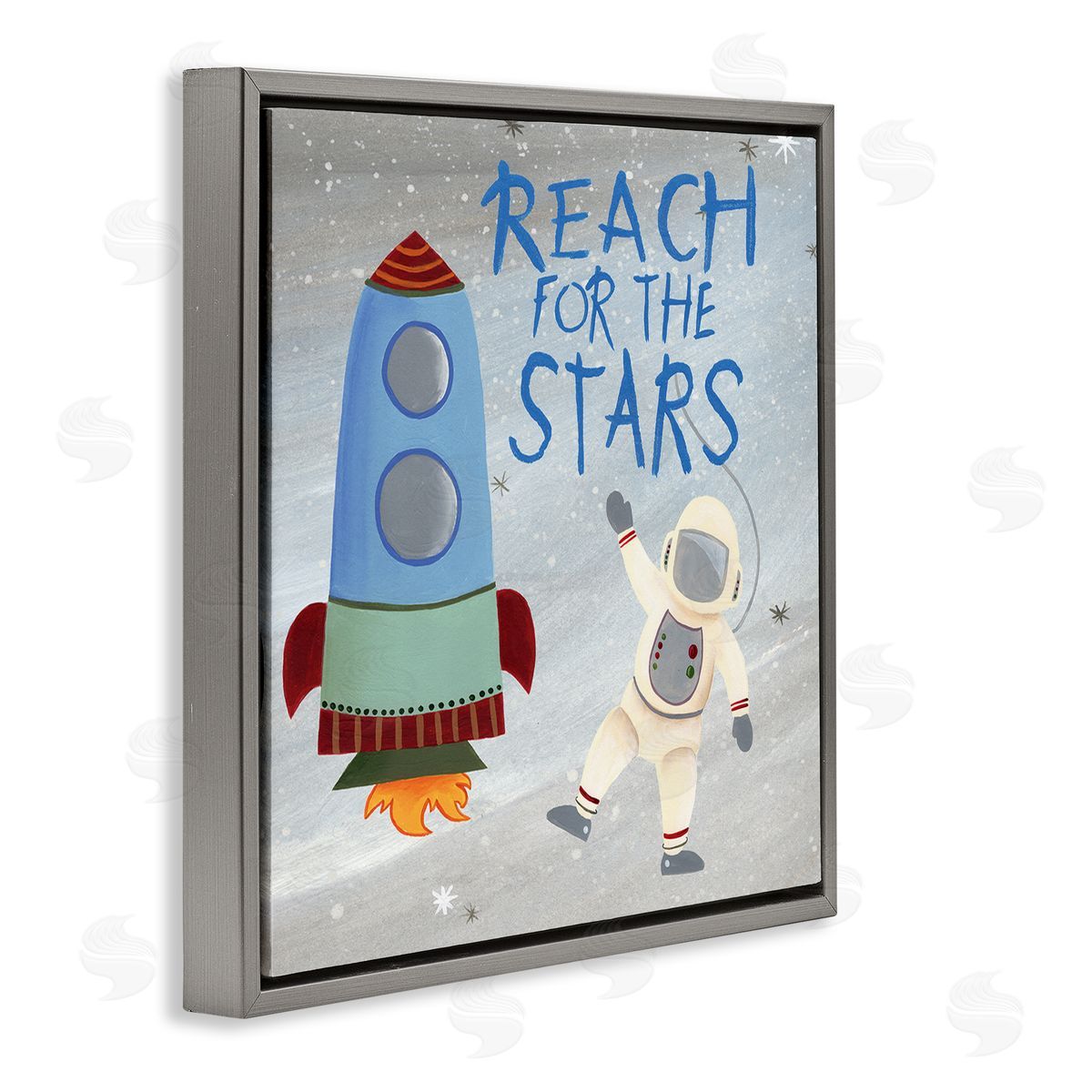 Regina Moore Reach For The Stars Quote Sci-Fi Space Rocket Astronaut Gray Floating Frame Canvas Wall Art Print
