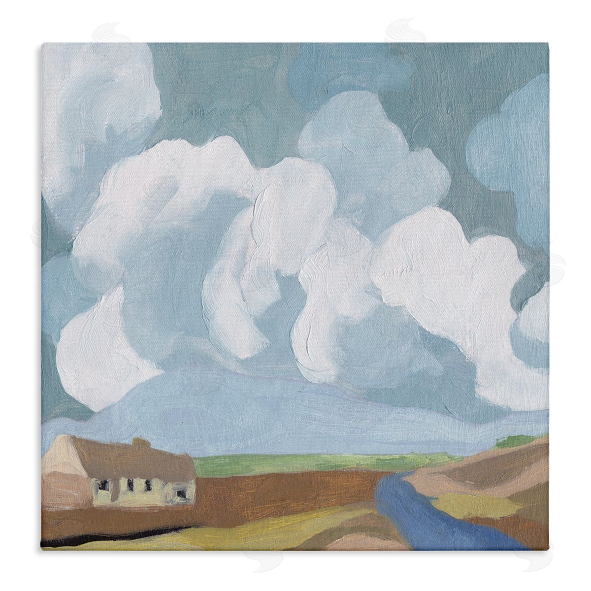 Melissa Wang Quaint Farmhouse Abstract Cloudy Sky Country Meadow Stretched Canvas Wall Art Print