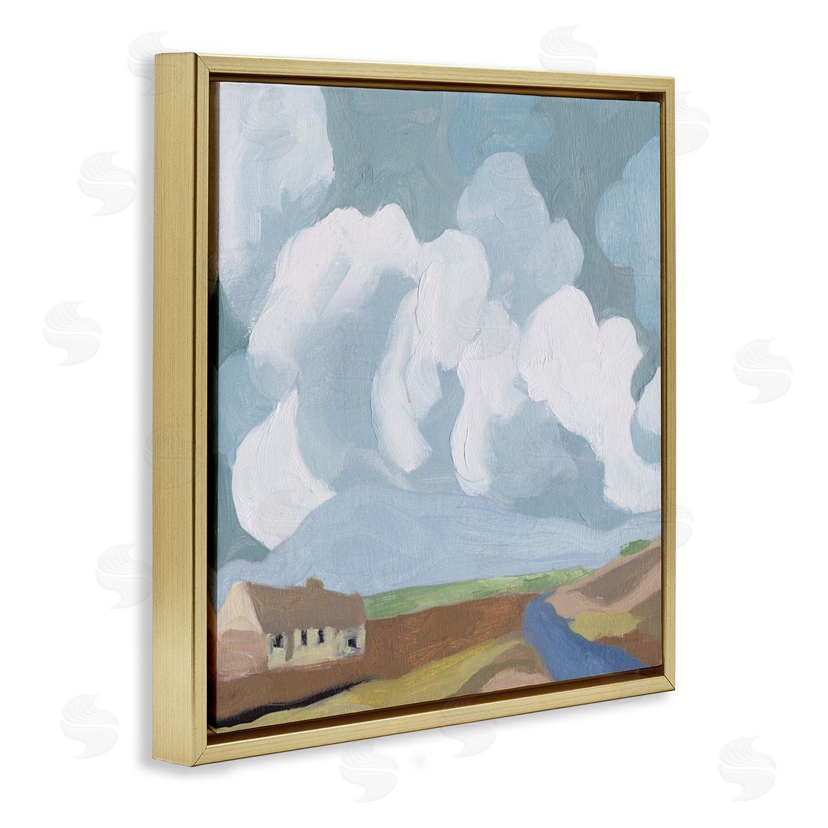 Melissa Wang Quaint Farmhouse Abstract Cloudy Sky Country Meadow Gold Floating Frame Canvas Wall Art Print