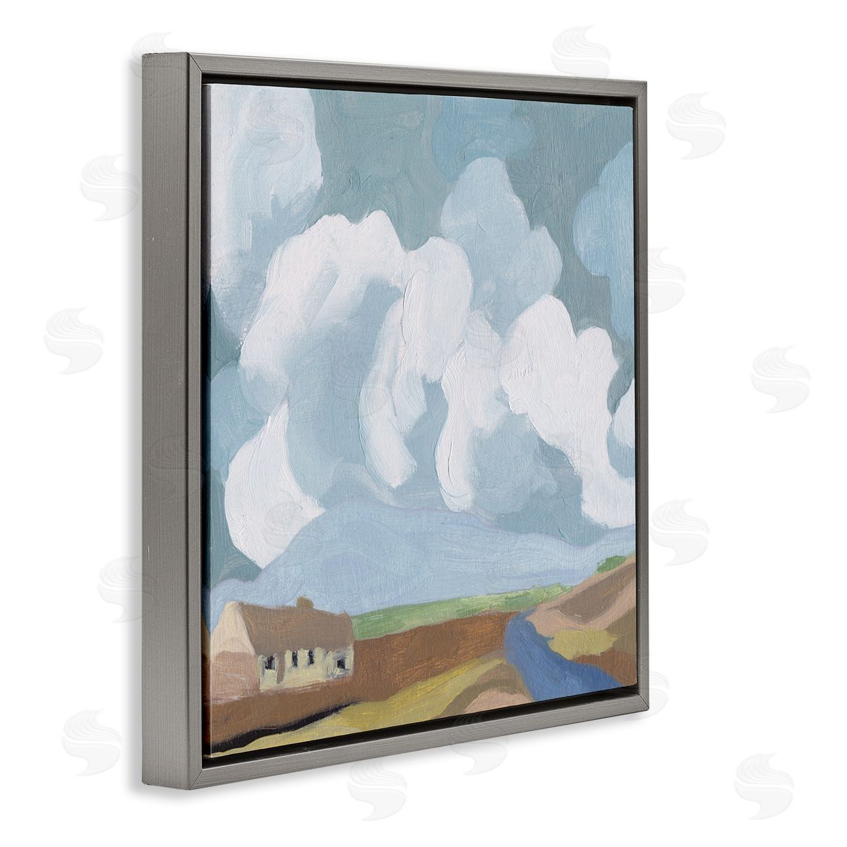 Melissa Wang Quaint Farmhouse Abstract Cloudy Sky Country Meadow Gray Floating Frame Canvas Wall Art Print