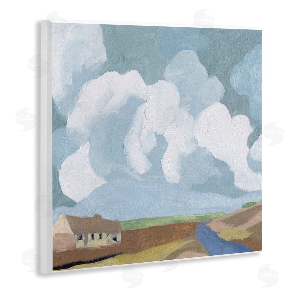 Melissa Wang Quaint Farmhouse Abstract Cloudy Sky Country Meadow Wooden Wall Plaque Art Print