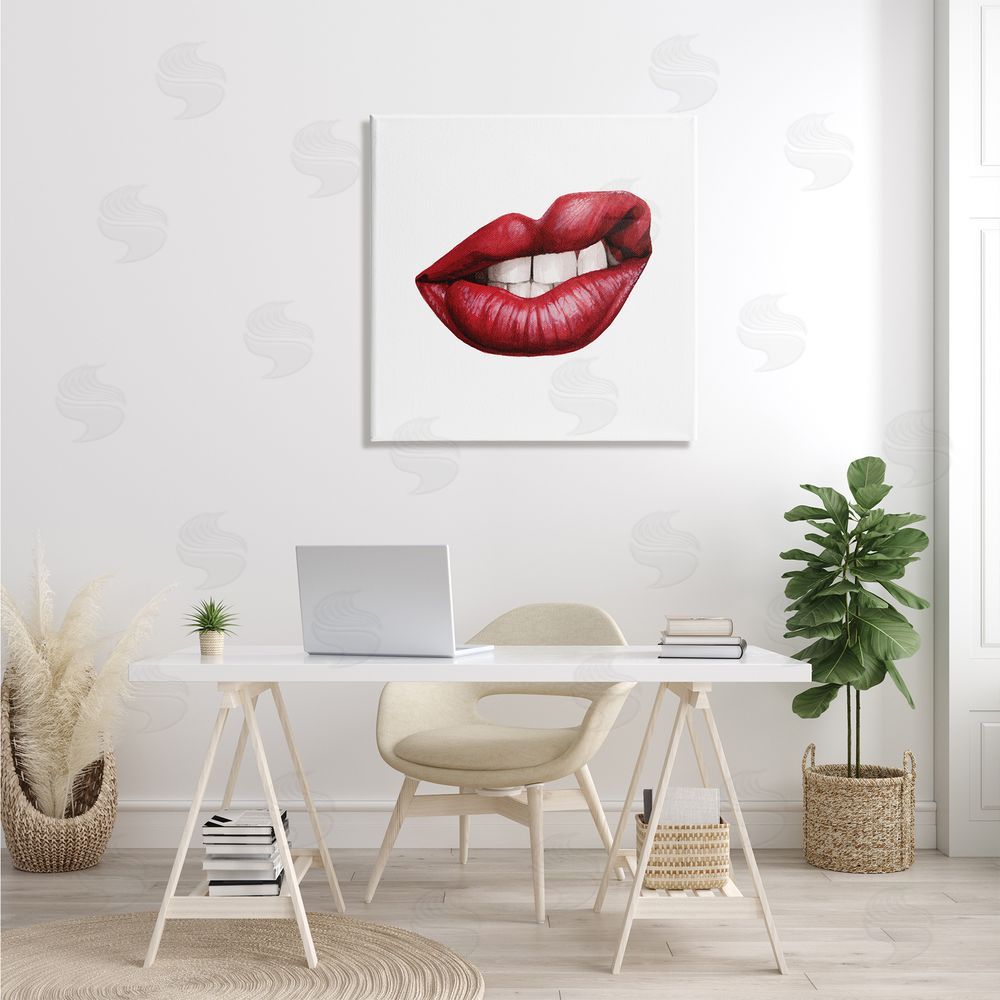 Grace Popp Sneering Lips Bold Emotion Red Lipstick Teeth Canvas Wall Art in Room