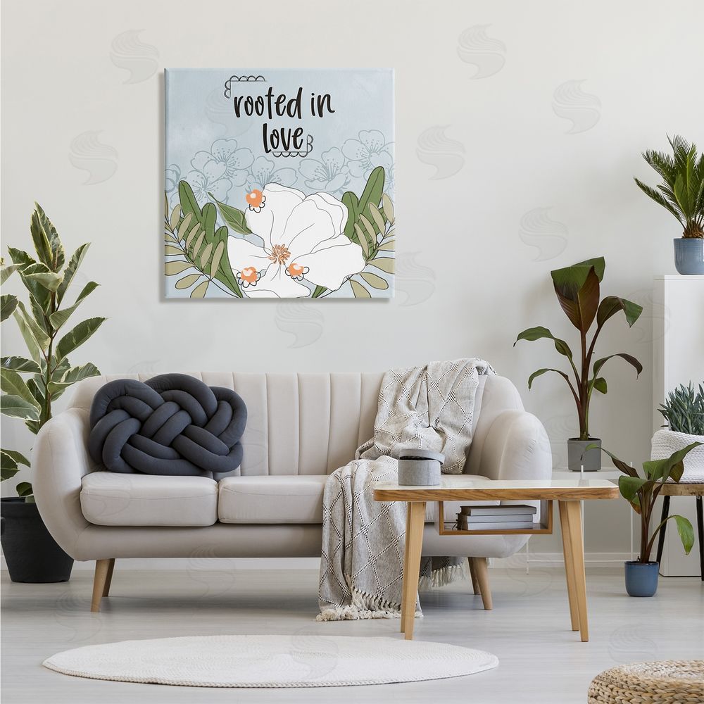 Terri Conrad Rooted In Love Phrase Fluid Floral White Flower Canvas Wall Art in Room