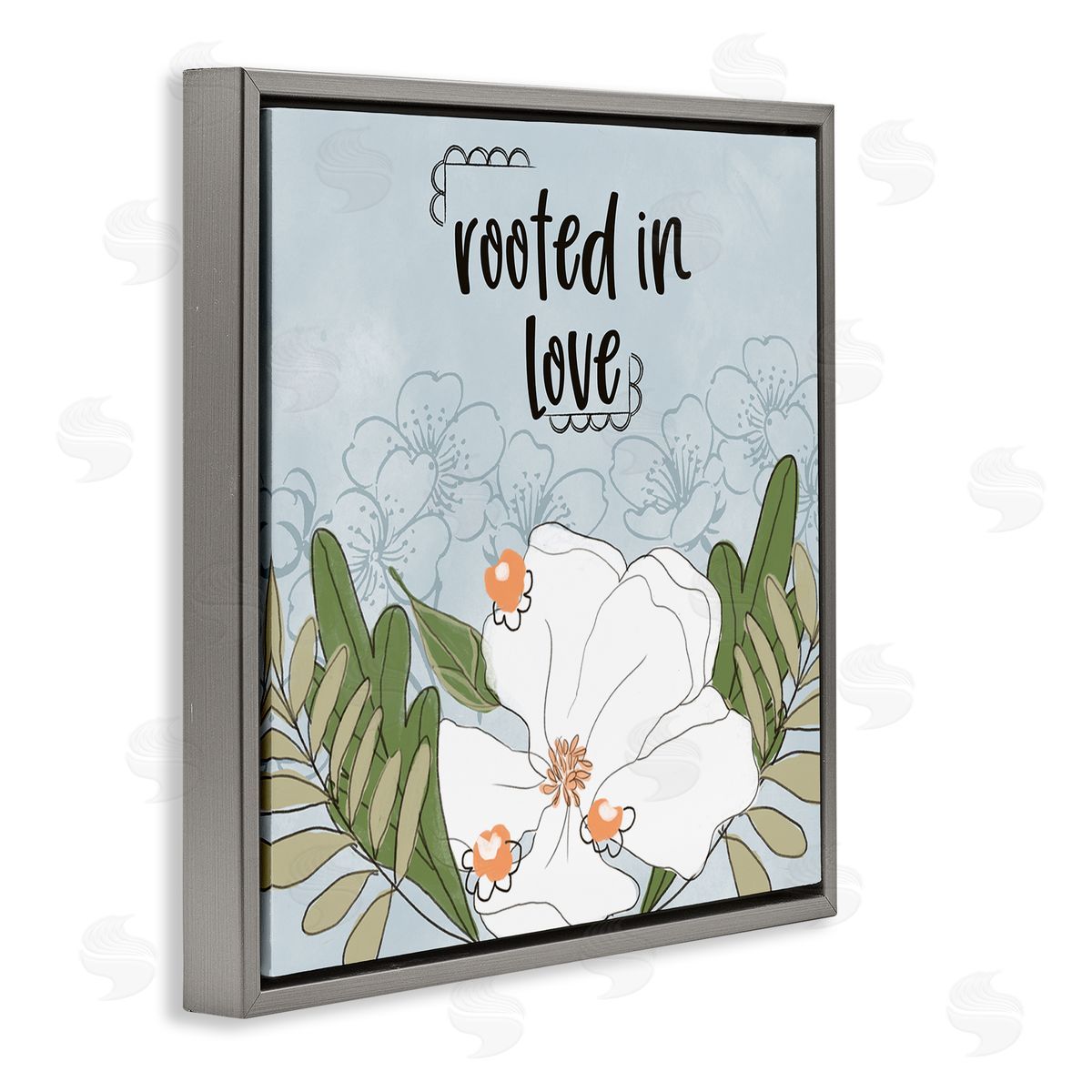 Terri Conrad Rooted In Love Phrase Fluid Floral White Flower Gray Floating Frame Canvas Wall Art Print