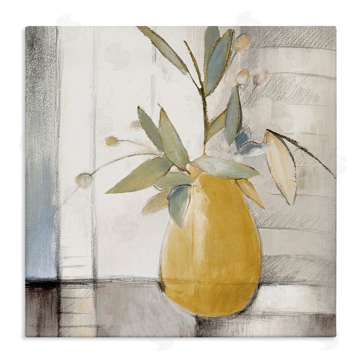 Lanie Loreth Abstract Quaint Potted Plant Green Leaves Grey Wall Stretched Canvas Wall Art Print